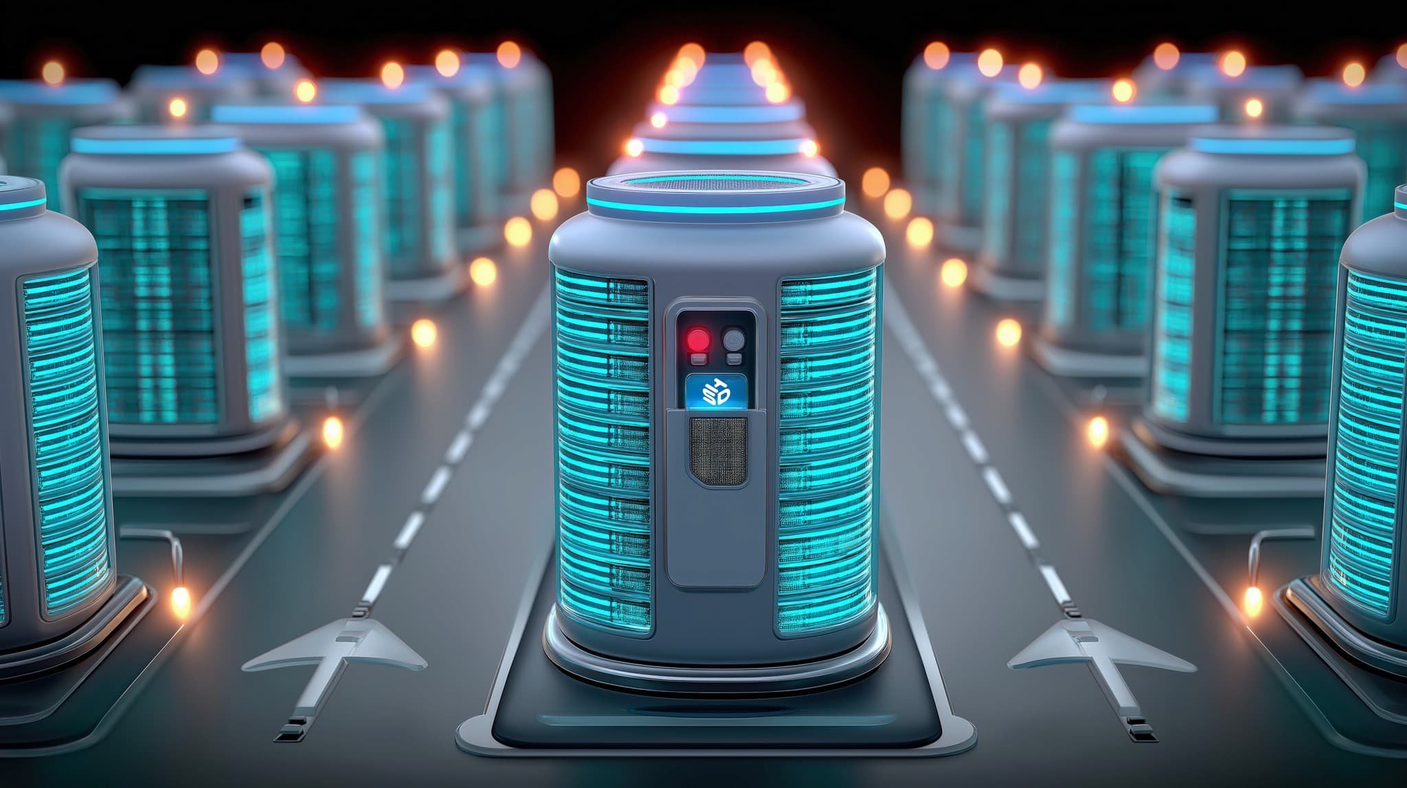 Rows of illuminated server racks in a data center